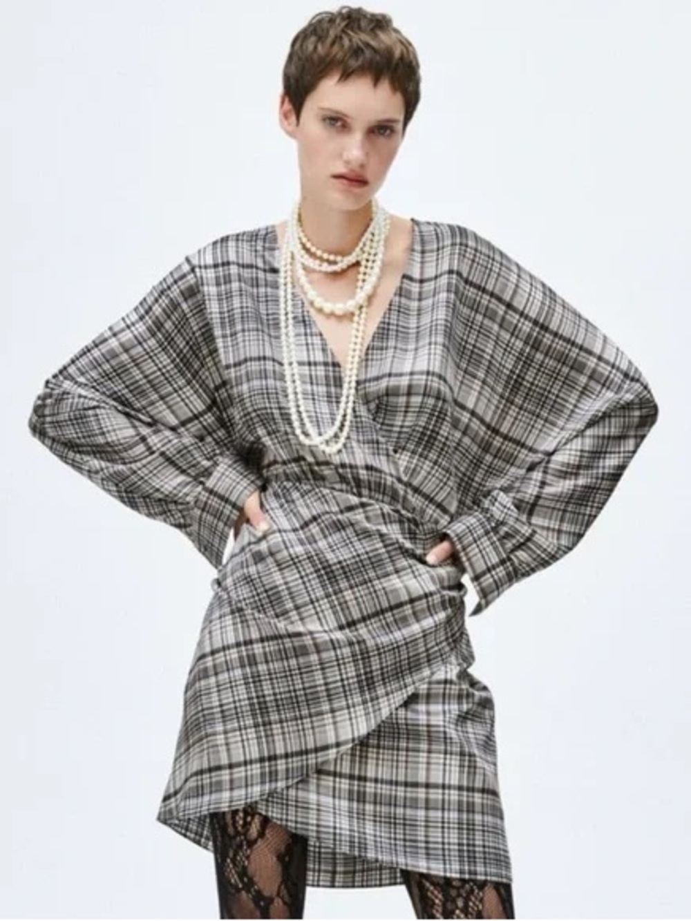 Zara Satin Plaid Wrap Long Sleeve Mini Dress